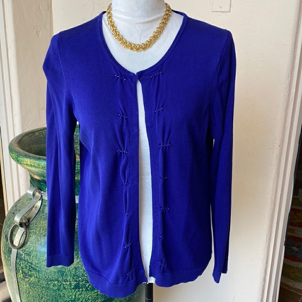 Bright blue hook and eye closure cardigan by Coldwater Creek size Medium